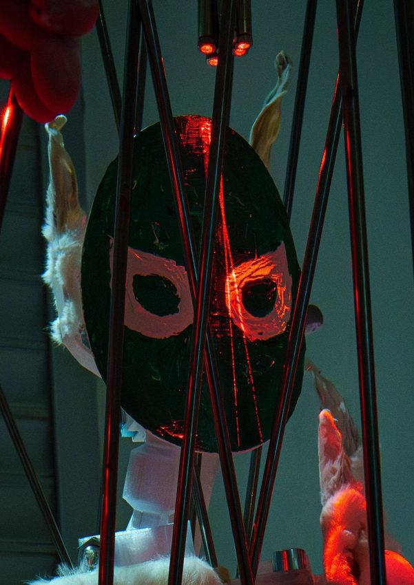Nemanja Askov, Bunny Rave II, 2025, 3D-printed plastic, oil paint, rope, metal screws and rods, base and top structure, animal pelts, laser installation and beer cans, detail. Photo: Nemanja Askov.