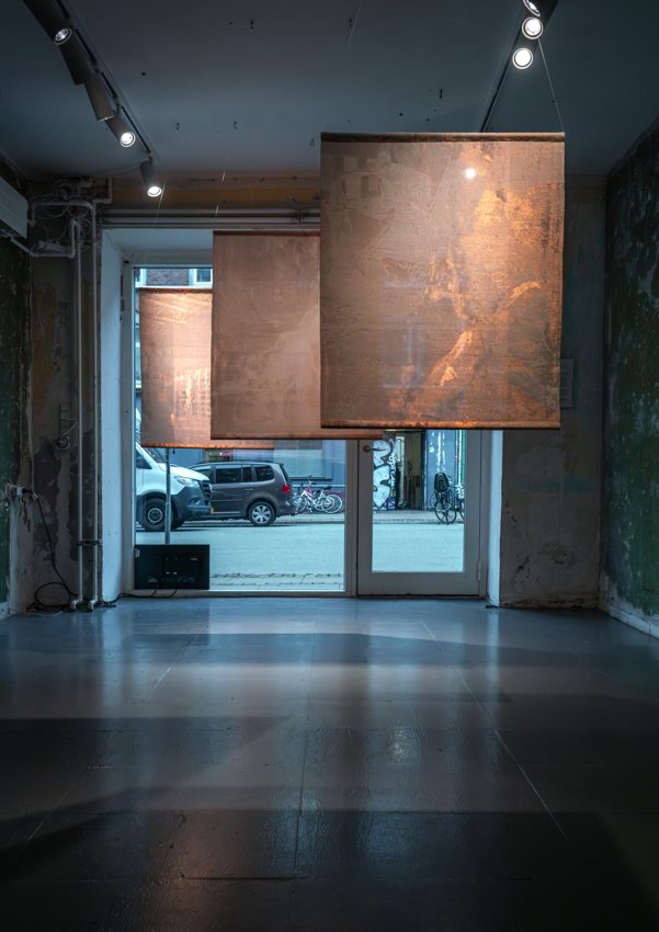 Honey Biba Beckerlee, Extractive Frontiers, 2025, digital tapestry in copper, installation view. Photo: Nemanja Askov.